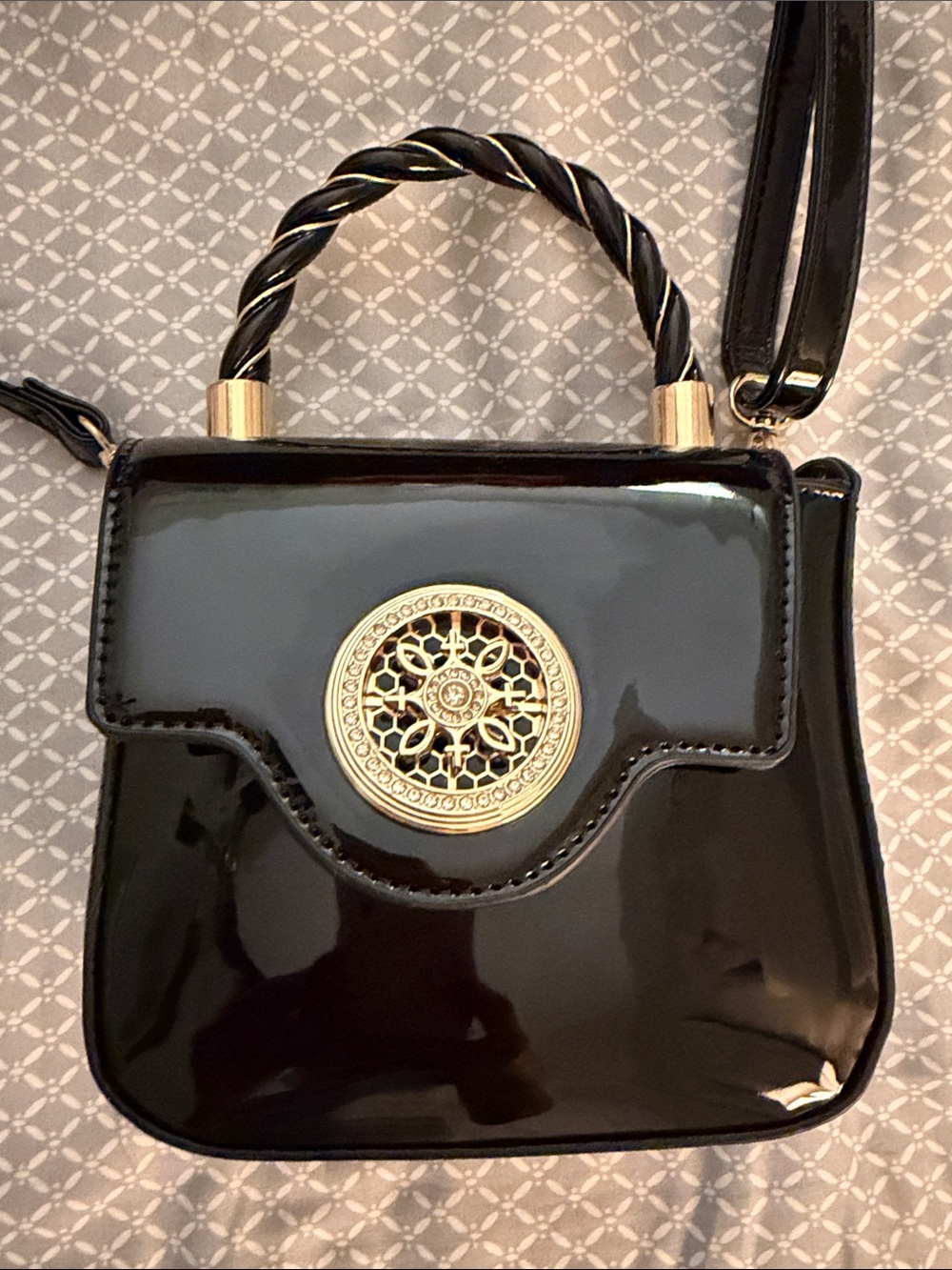 Olivia Miller Black Patent Mini Bag with Gold Medallion